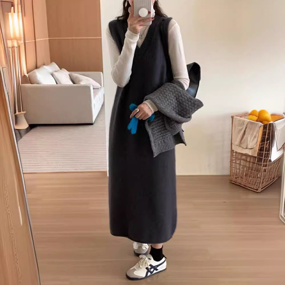 dress to impress outfits V-neck Long Vest Sleeveless Sweater Dress Women's Autumn and Winter Loose Belly Covering Temperament Mid-Length Knitted Skirt