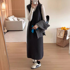 dress to impress outfits V-neck Long Vest Sleeveless Sweater Dress Women's Autumn and Winter Loose Belly Covering Temperament Mid-Length Knitted Skirt
