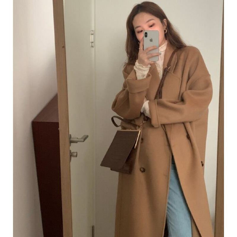 outfit inspo fall Chic Korean Style Loose Mid-Length Woolen Coat Women's Temperament over-the-Knee Woolen Coat Autumn and Winter