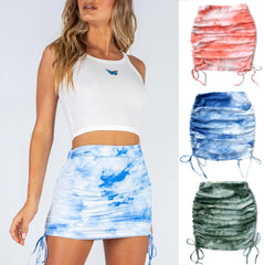 pretty halloween costumes Women's Knitted Drawstring Skirt Tie-Dyed Pleated Skirt Sexy High Waist Stretch Hip Skirt for Women