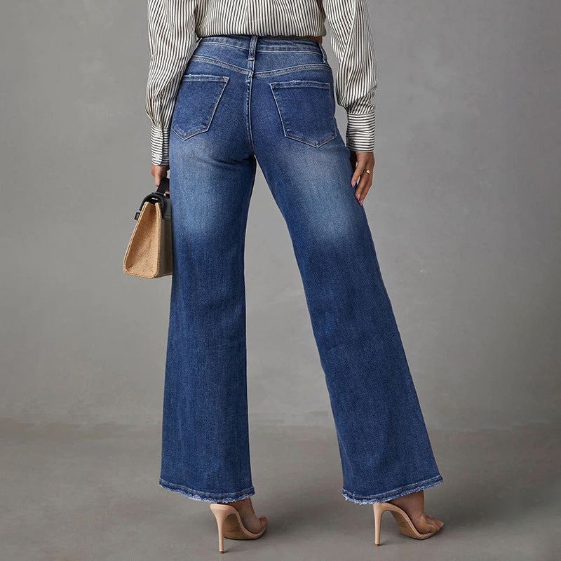 2000s fashion New Washed Dark Blue Straight High Elastic Women's Denim Trousers Super Hot