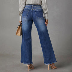 2000s fashion New Washed Dark Blue Straight High Elastic Women's Denim Trousers Super Hot