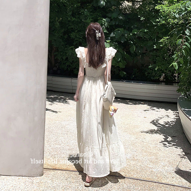 maternity French Heavy-Duty Embroidery Floral Ruffled Square Collar Dress Women's Summer Waist Slimming Holiday Temperament Long Skirt