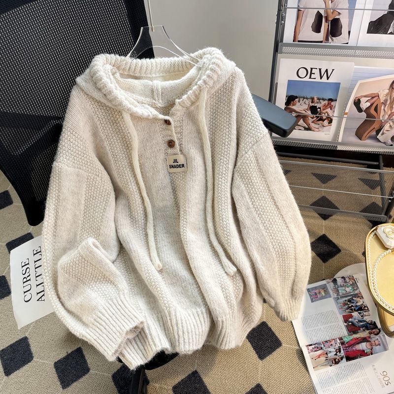 90s fashion Loose Lazy Style Hooded Sweater for Women Autumn and Winter New Soft Glutinous Thick Drawstring Knitted Sweater Top