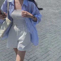 curvy casual outfits Chic Autumn Niche Temperament Simple Loose Striped Shirt Women's Long Sleeve Shirt Top