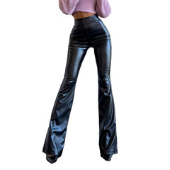 frat outfits Women's Winter New High Waist Light PU Leather Pants Trousers Black Glossy Flared Trousers Women's Pants