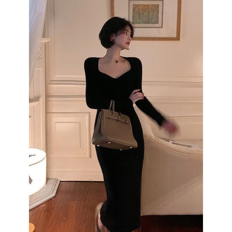 2000s fashion Gentle Hepburn Style Square Collar Knitted Dress Women's Autumn and Winter New Style with Overcoat Slim Fit Slimming Inner Sweater Dress