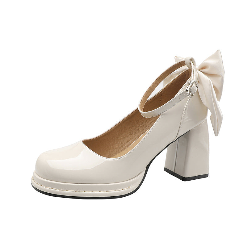 shoes Chunky Heel High Heels Spring Platform Bow Cute Temperament Princess Women's Shoes round Toe Buckle Low-Cut Shoes