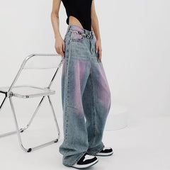 dream clothes American-Style High Street Washed Vintage Jeans Women's Summer New High-Grade Spray-Dyed Graffiti Straight Wide-Leg Mop Pants