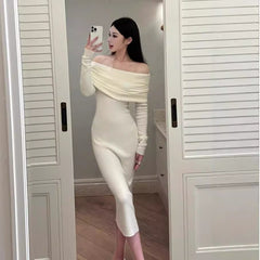 long sweater dress outfit Gentle Style White Soft Glutinous off-Shoulder Sweater Dress Autumn and Winter Elegant Slim-Fit off-Shoulder Bottoming Knitted Dress