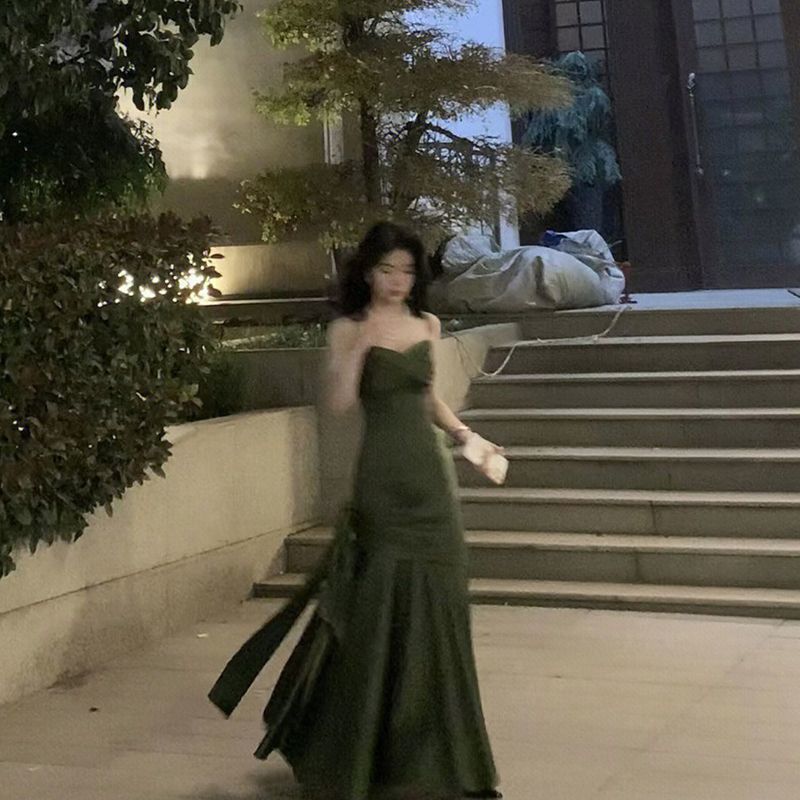 prom dresses French Style Green Strap Backless Dress Women's Niche Design Sexy Dress Long Skirt