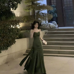 prom dresses French Style Green Strap Backless Dress Women's Niche Design Sexy Dress Long Skirt