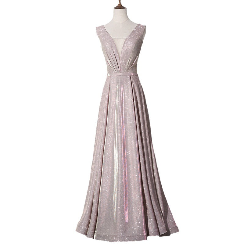 pink dress Evening Dress for Women 2024 Summer New Fashion Elegant Slimming Long V-neck Banquet Host Simple Elegant Dress
