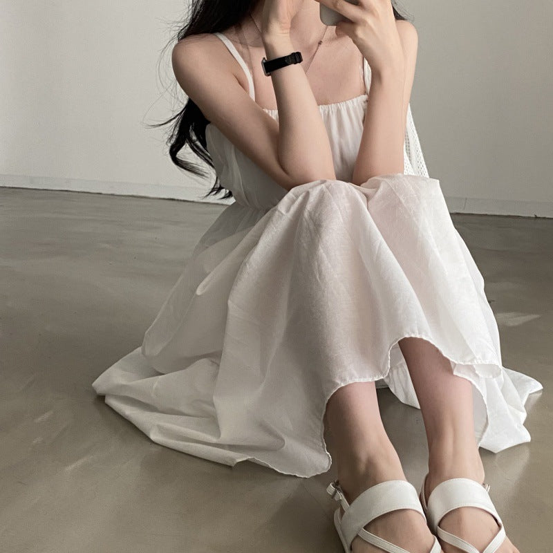 church outfit Chic Summer Holiday Style Suspender Skirt Simple Design Pleated Stitching Elastic Waist Solid Color Large Swing Dress