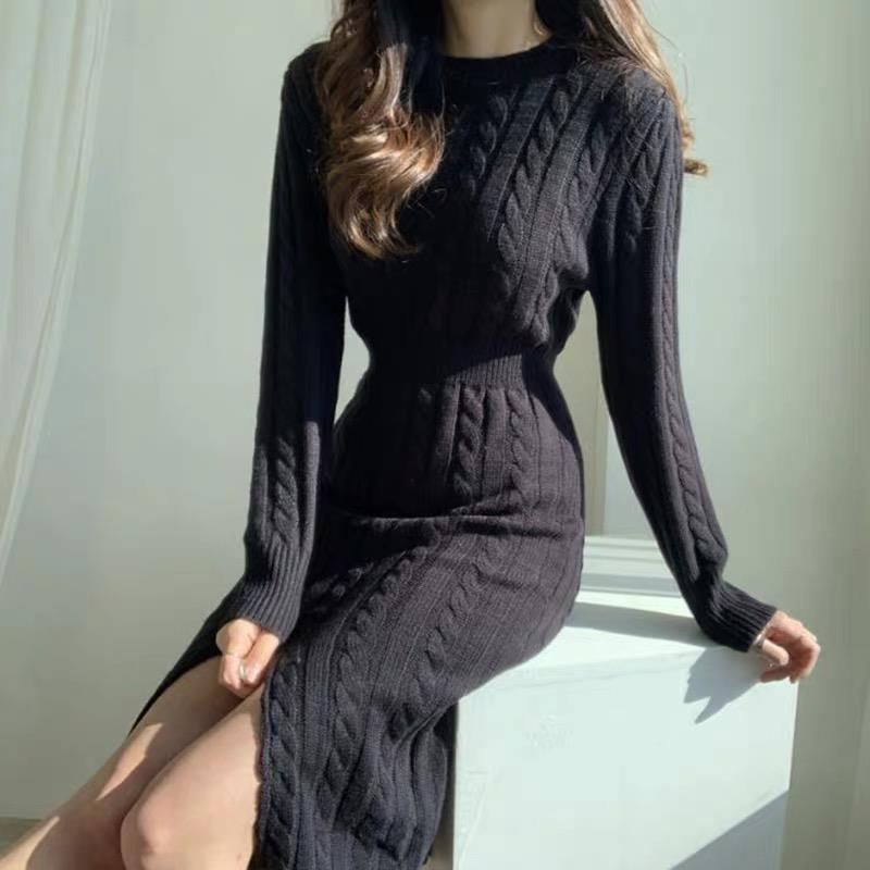 long sweater dress outfit Double-Sided Wear Scheming Machine Waist Slimming Twist Sweater Dress Autumn and Winter Slim Split Knitted Dress