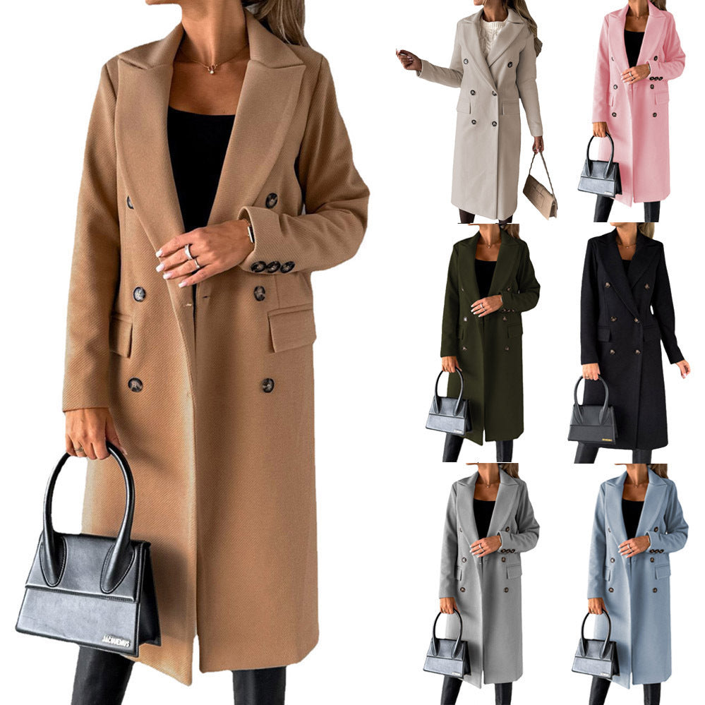 Women's Spring 2024 New Coat All-Match Woolen Coat Solid Color Long Sleeve Double Breasted Pocket