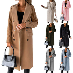 Women's Spring 2024 New Coat All-Match Woolen Coat Solid Color Long Sleeve Double Breasted Pocket