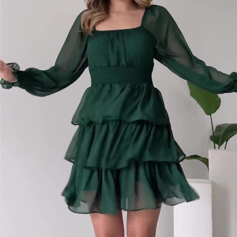 leapord halloween outfit Fall French Retro Square Collar Slim-Fit Long Sleeve Cake Dress