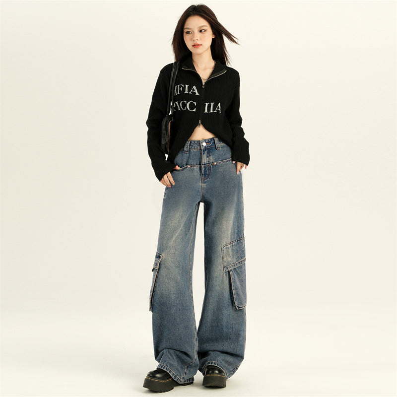 fashion outfits American-Style Retro Wide-Leg Workwear Jeans Women's Autumn Slimming Hot Girl Straight Mop Pants