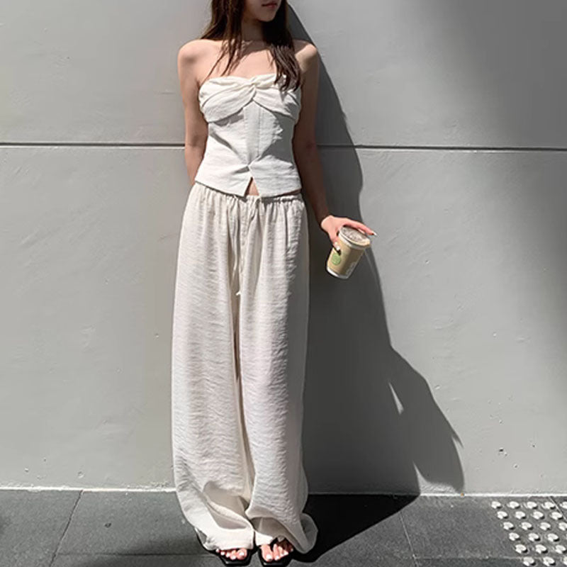 first day of school outfit summer Old Qian Style Tube Top Mop Pants Suit Cotton Linen Wide Leg Pants Casual Pants Women's Summer Design Sense Niche 2-Piece Suit