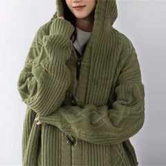 outfit inspo Retro Green Horn Buckle Twist Sweater Coat for Women Spring and Autumn Loose Lazy Hooded Knitted Cardigan Thickened Upper