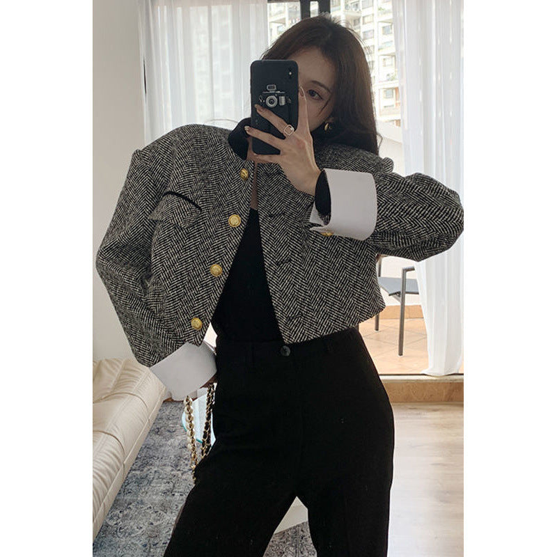 joker costume female outfit Black and White Contrast Color Stand Collar French Retro Equestrian Clothing Women's Clothing Spring and Autumn Short Suit Jacket