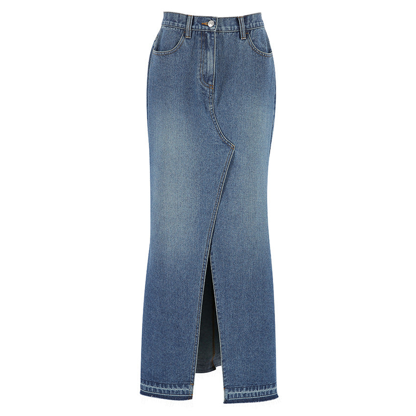 guys in skirts Summer Commuter High Waist Slimming Split Blue Denim Skirt Long Skirt Retro Distressed Sheath Skirt