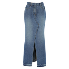 guys in skirts Summer Commuter High Waist Slimming Split Blue Denim Skirt Long Skirt Retro Distressed Sheath Skirt