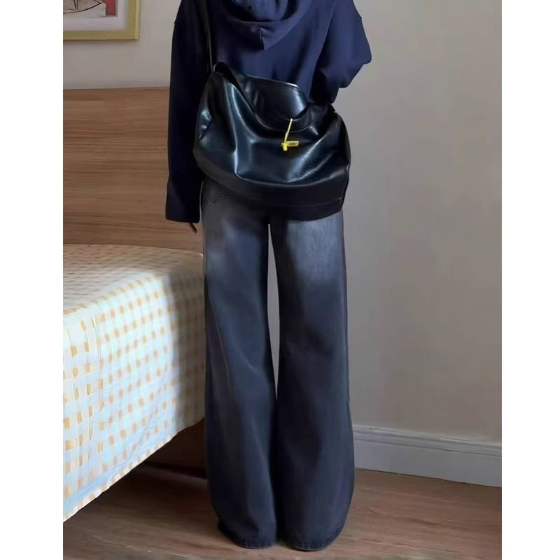 business casual outfits Black High Waist Straight Jeans for Women Spring and Autumn Small Pear-Shaped Thick Leg Wide Leg Wide Leg Pants