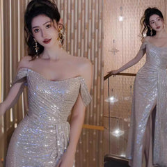 prom dresses off-Shoulder Fashion Trendy Silver Gray Bridal Wedding Dress Banquet Performance Host Wedding Dress Evening Dress