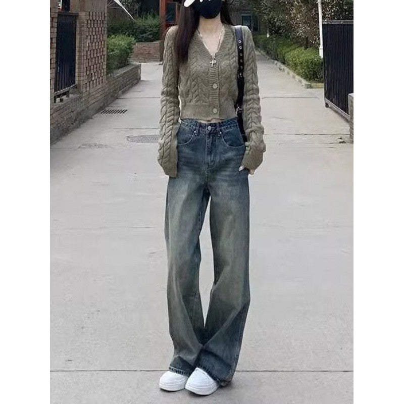 grunge outfits Women's American-Style Wide-Leg Jeans Autumn New Retro High Waist Loose Slimming All-Match Straight Mop Pants