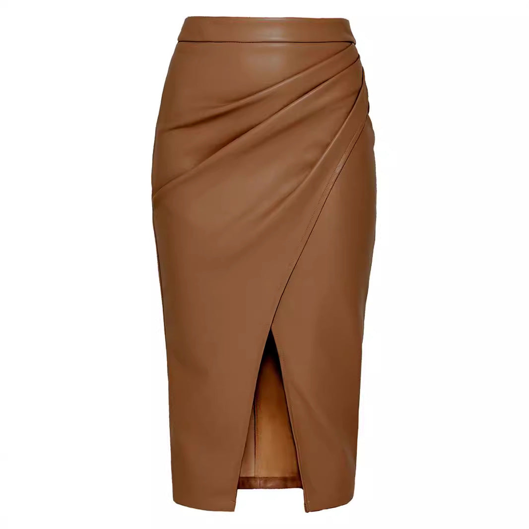 fall fashion outfits Women's Pu Split Skirt Autumn and Winter High Waist Zipper Pleated Leather Skirt Sexy Hip Skirt