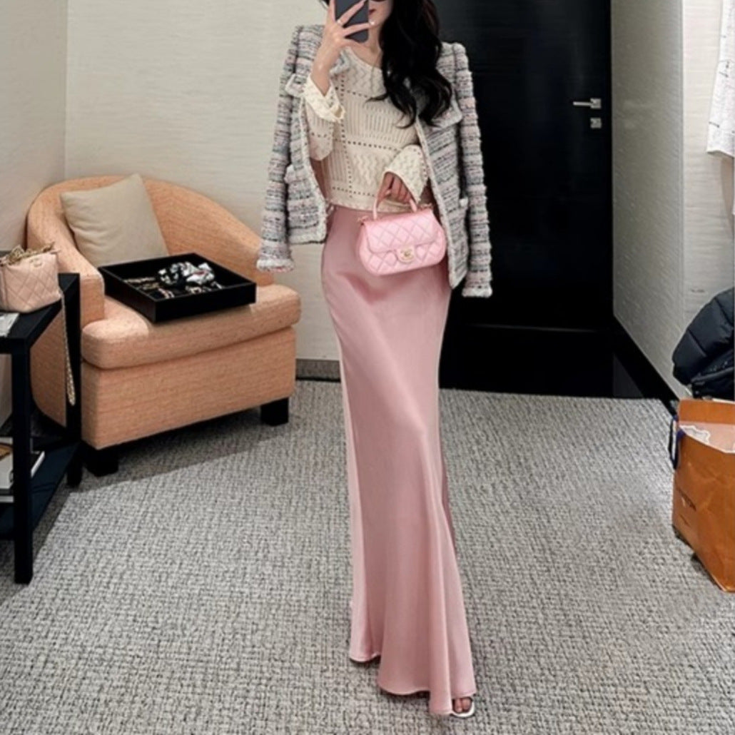business casual outfits French Ice Silk Mid-Length Satin Skirt Women's 2024 Summer Pear-Shaped High Waist A- line Acetate Fishtail Skirt