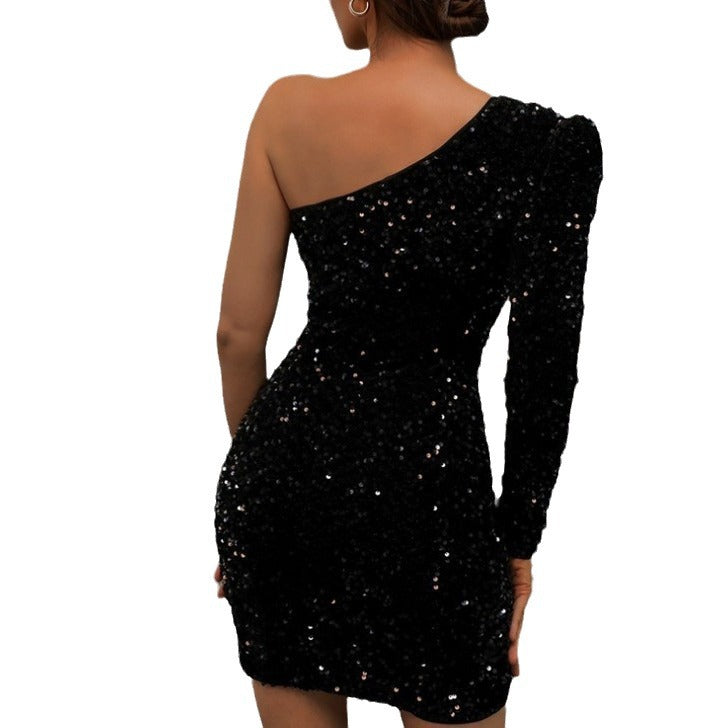 work holiday party outfit Short One-Shoulder Dress Women's Banquet Evening Dress