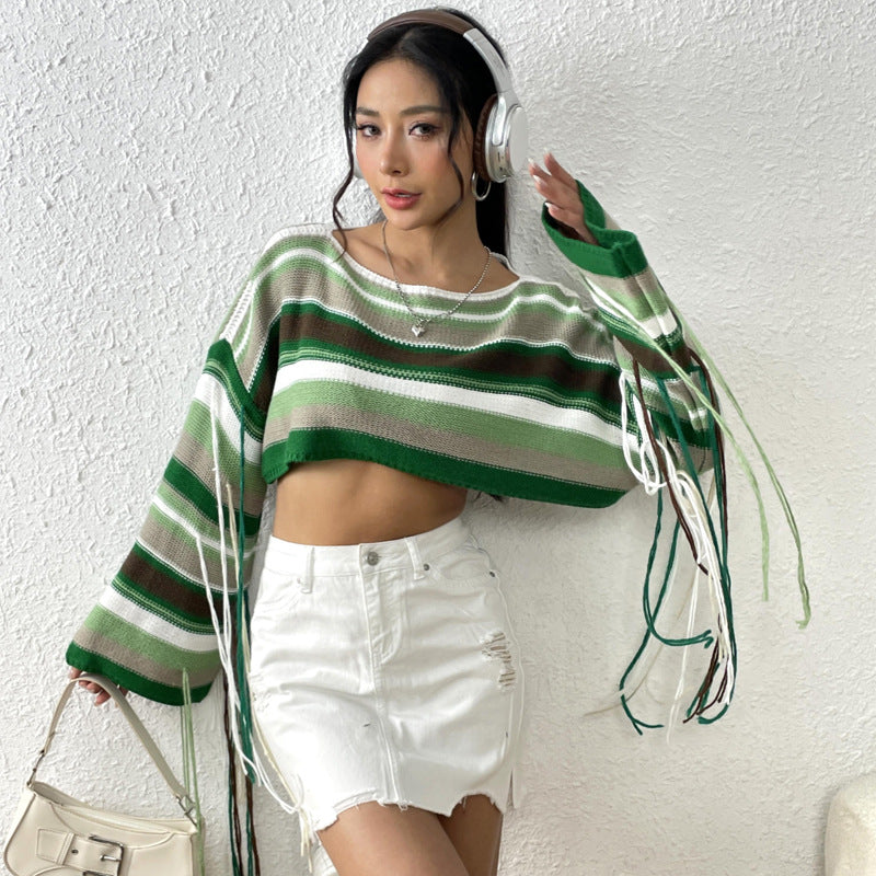 trio halloween costumes Women's New Rainbow Striped Tassel Sweater Sexy Ultra-Short Cropped Loose Sweater