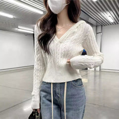 casual outfits Autumn Women's Mishen * Hooded Twist Sweater Women's Autumn Short V-neck Tight Waist Sweater Pullover Top