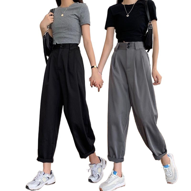 business casual outfits Pants for Female Students Korean Style Autumn Wide-Leg Pants Slimming Cropped Pants Loose Casual Pants Straight Pants Black Suit Pants