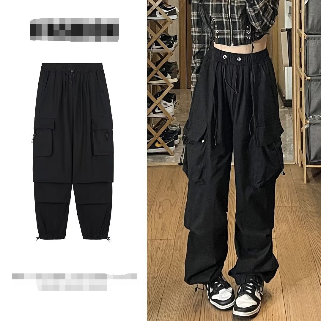 tomboy outfit Spring Drawstring Ankle-Tied Men's Japanese Retro Loose Large Pocket Straight Overalls Wide Leg Pants Simple All-Match