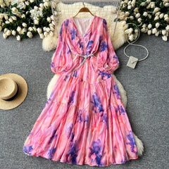 android vs cyberborg dress to impress French Elegant Elegant Dress Women's High-Grade Lantern Sleeve Waist Slimming V-neck Printed Ruffled Dress