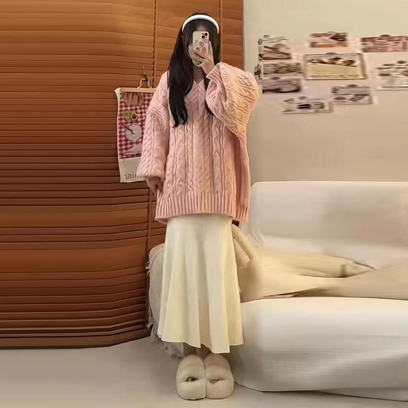 fall winery outfits Korean Style Lazy Style V-neck Sweater Retro Warm Loose Spring and Autumn Winter Gentle Style Pullover Skirt Two-Piece Set