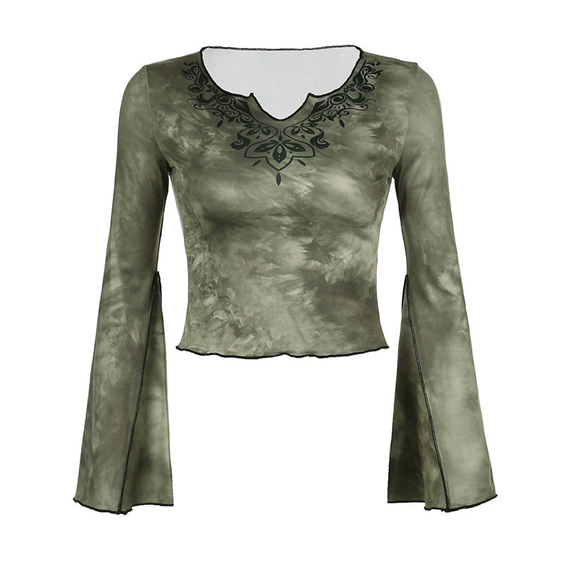 concert outfit Mori Vintage Tie-Dyed Tribal Print Curling Bell Sleeve Short Top Niche V-neck Slim-Fit Navel Slimming Long Sleeve