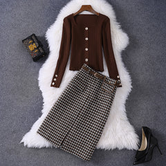 fall outfits Autumn Women's round Neck Knitted Slim Top Plaid with Belt Skirt Casual Suit