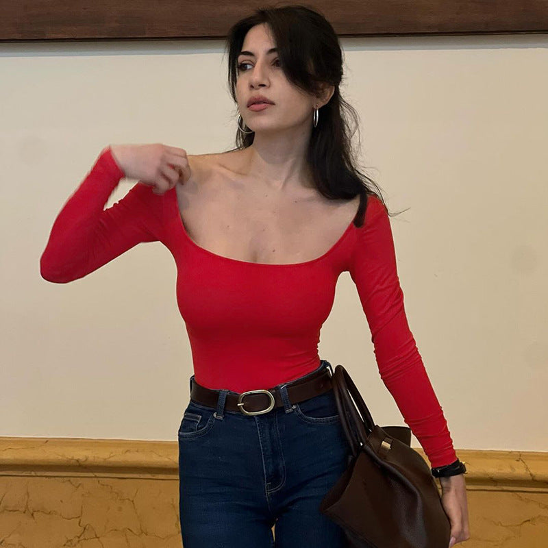 outfit inspo fall Women's Clothing American Hot Girl Style Autumn New Solid Color Square Collar Long Sleeve Tight Undershirt Top