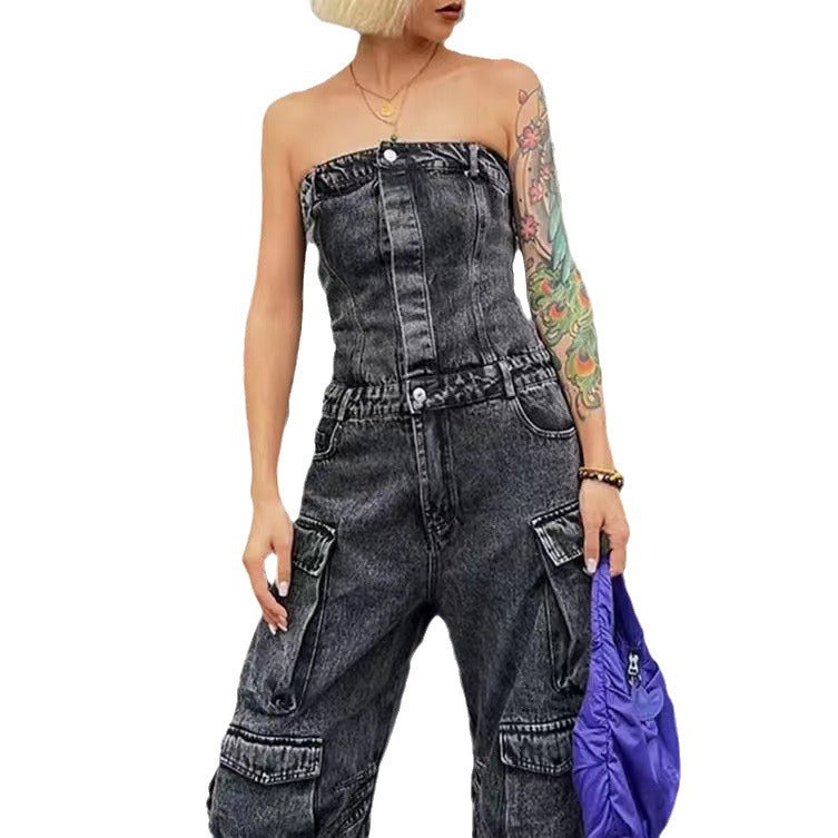 usher concert outfit ideas New Fashion Street Style Tube Top Tight Waist Slimming Hot Girl Multi-Pocket Denim Overalls Jumpsuit