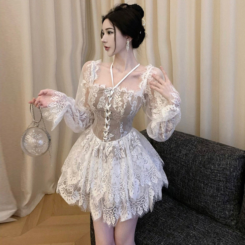 dress to impress Autumn Sexy Halter Long Sleeve Waist Lace Cake Dress