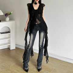 concert outfit Style Summer New Women's Sexy Slimming Wavy Mesh Transparent Irregular Vest