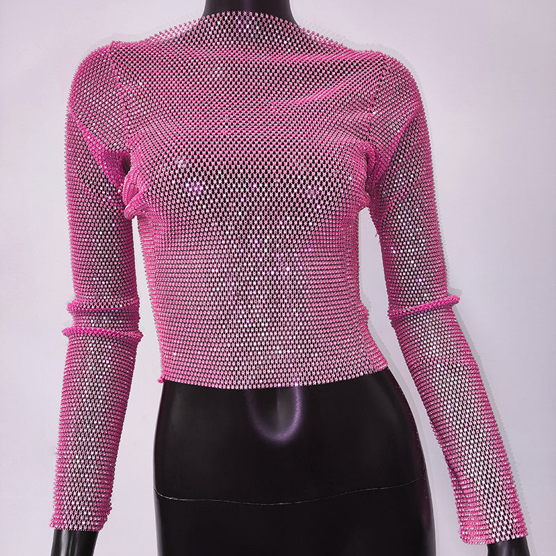 New Women's Fishing Net T-shirt off-Shoulder Long-Sleeved Top Mesh Flash Diamond Fishing Net Hot Girl Top for Women