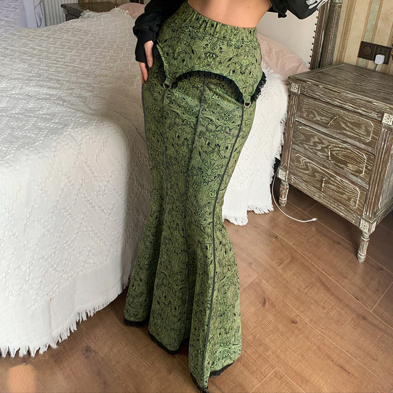 fashion outfits Ancient Early Wizard of Oz Printed Lace Stitching Fishtail Skirt Retro Niche Reverse Car Skirt High Waist Sheath Dress
