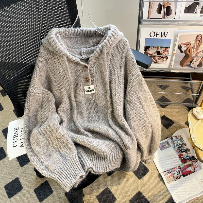 90s fashion Loose Lazy Style Hooded Sweater for Women Autumn and Winter New Soft Glutinous Thick Drawstring Knitted Sweater Top