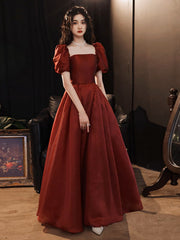 BXOXO A-Line Puff Sleeves Organza Burgundy Long Prom Dress, Burgundy Long Evening Dress